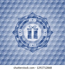 gift box icon inside blue polygonal emblem.