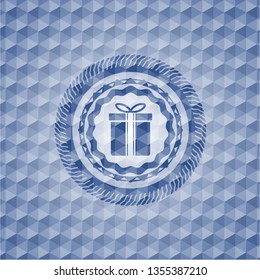 gift box icon inside blue emblem or badge with abstract geometric polygonal pattern background.
