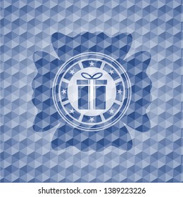 gift box icon inside blue polygonal emblem.