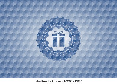 gift box icon inside blue badge with geometric pattern.
