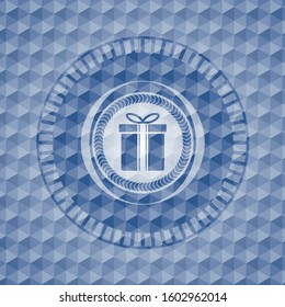 gift box icon inside blue emblem with geometric background.