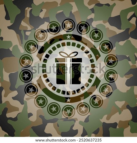 gift box icon inside camouflage texture. 