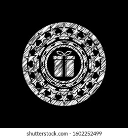 gift box icon inside chalkboard emblem