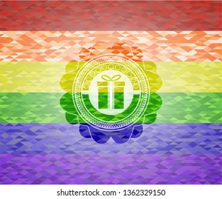 gift box icon inside emblem on mosaic background with the colors of the LGBT flag