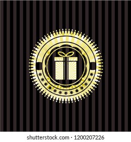 gift box icon inside gold emblem or badge