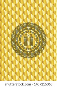 gift box icon inside gold emblem. Scales pattern. Vector Illustration. Detailed.