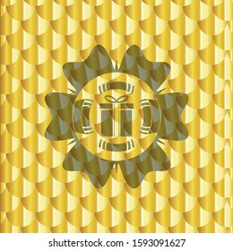gift box icon inside gold badge or emblem. Scales pattern. Vector Illustration. Detailed.