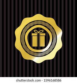 gift box icon inside golden badge or emblem