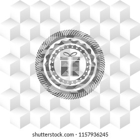 gift box icon inside grey emblem. Retro with geometric cube white background