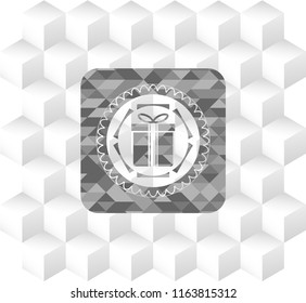 gift box icon inside grey badge with geometric cube white background