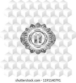 gift box icon inside grey emblem. Retro with geometric cube white background