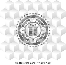 gift box icon inside grey icon or emblem with geometric cube white background