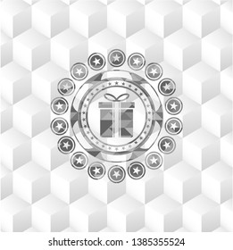 gift box icon inside grey icon or emblem with geometric cube white background