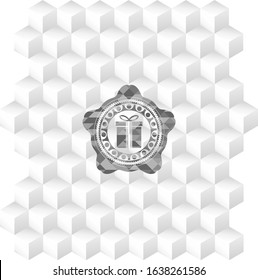 gift box icon inside grey emblem with geometric cube white background