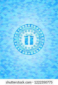 gift box icon inside light blue emblem with triangle mosaic background