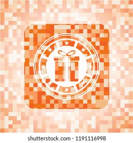 gift box icon inside orange tile background illustration. Square geometric mosaic seamless pattern with emblem inside.