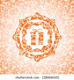 gift box icon inside orange tile background illustration. Square geometric mosaic seamless pattern with emblem inside.