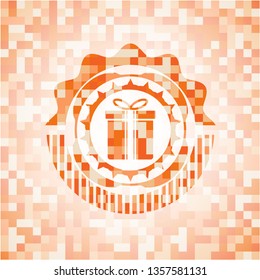gift box icon inside orange mosaic emblem with background