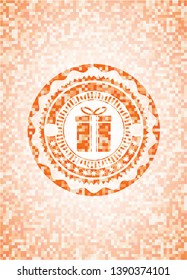 gift box icon inside orange mosaic emblem with background