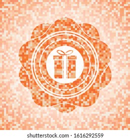 gift box icon inside orange tile background illustration. Square geometric mosaic seamless pattern with emblem inside.