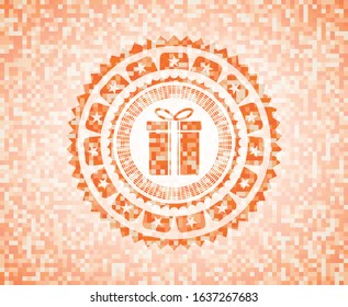 gift box icon inside orange mosaic emblem with background