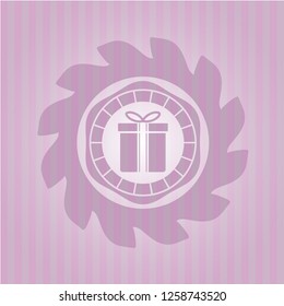 gift box icon inside pink emblem. Retro