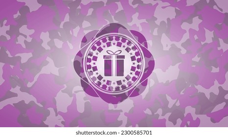gift box icon inside pink and purple camo emblem. 
