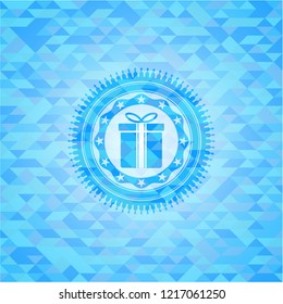 gift box icon inside realistic sky blue mosaic emblem