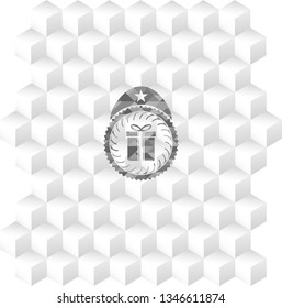 gift box icon inside realistic grey emblem with geometric cube white background