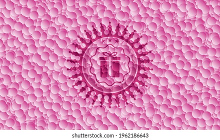 Geschenkbox-Symbol in realistisch rosa Emblem mit Bubbles Hintergrund. Vektorgrafik. Detaillierte Angaben. 