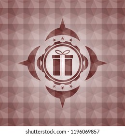 gift box icon inside red emblem or badge with abstract geometric polygonal pattern background. Seamless.