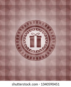 gift box icon inside red emblem or badge with geometric pattern background. Seamless.