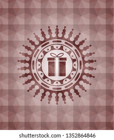 gift box icon inside red seamless badge with geometric background.