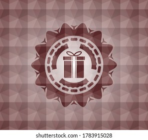 gift box icon inside red emblem with geometric pattern. Seamless. 