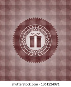 gift box icon inside red seamless emblem or badge with geometric pattern background. 