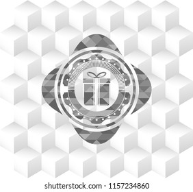 gift box icon inside retro style grey emblem with geometric cube white background