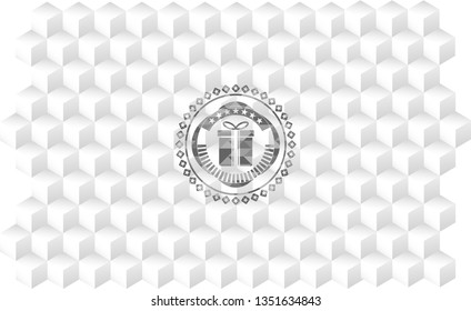 gift box icon inside retro style grey emblem with geometric cube white background