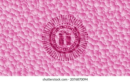 Geschenkbox-Symbol im Retro-Stil rosa Emblem mit Bubbles Hintergrund. Vektorgrafik. Detaillierte Angaben. 