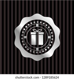 gift box icon inside silver shiny emblem