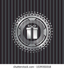 gift box icon inside silver shiny badge
