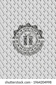 gift box icon inside silver emblem or badge. Scales pattern. Vector Illustration. Detailed. 