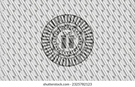 gift box icon inside silver color emblem or badge. Scales pattern. Vector Illustration. Detailed. 