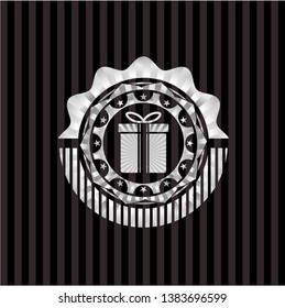gift box icon inside silvery badge or emblem