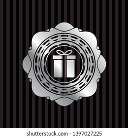 gift box icon inside silvery shiny emblem