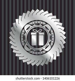 gift box icon inside silvery badge