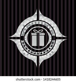 gift box icon inside silvery shiny badge