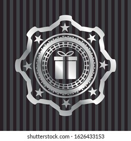 gift box icon inside silvery shiny emblem