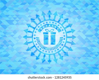 gift box icon inside sky blue emblem with mosaic background