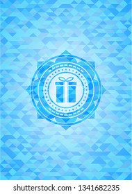 gift box icon inside sky blue emblem with mosaic ecological style background