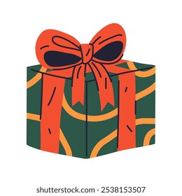 Gift box icon isolated on background. Vector sticker or clipart. Paper case for presents. Surprise inside a package. Festive wrapping paper with ribbon and bow. Holiday boxing, wrapper or packaging.